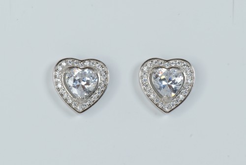 Sterling Silver/CZ Large Heart Stud Earrings